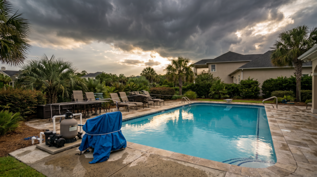 Residential swimming pool in Charleston with storm clouds gathering, prepared for hurricane season