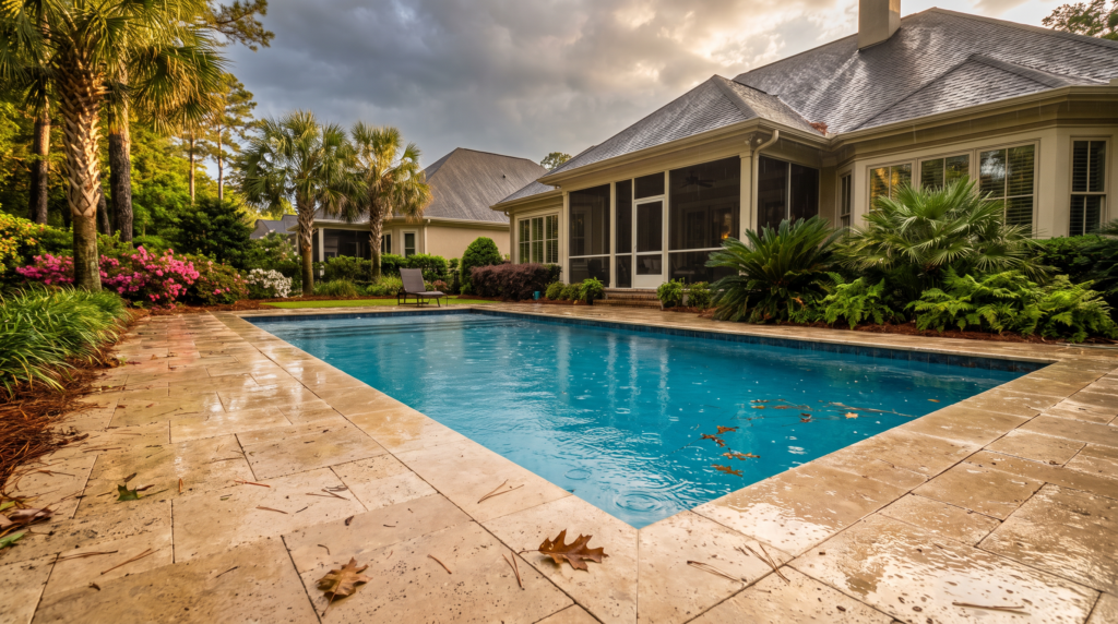 A Charleston backyard swimming pool just after a summer afternoon thunderstorm has passed
